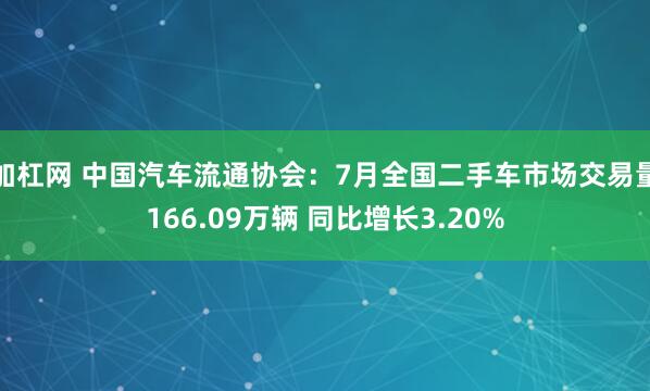 加杠网 中国汽车流通协会：7月全国二手车市场交易量166.09万辆 同比增长3.20%
